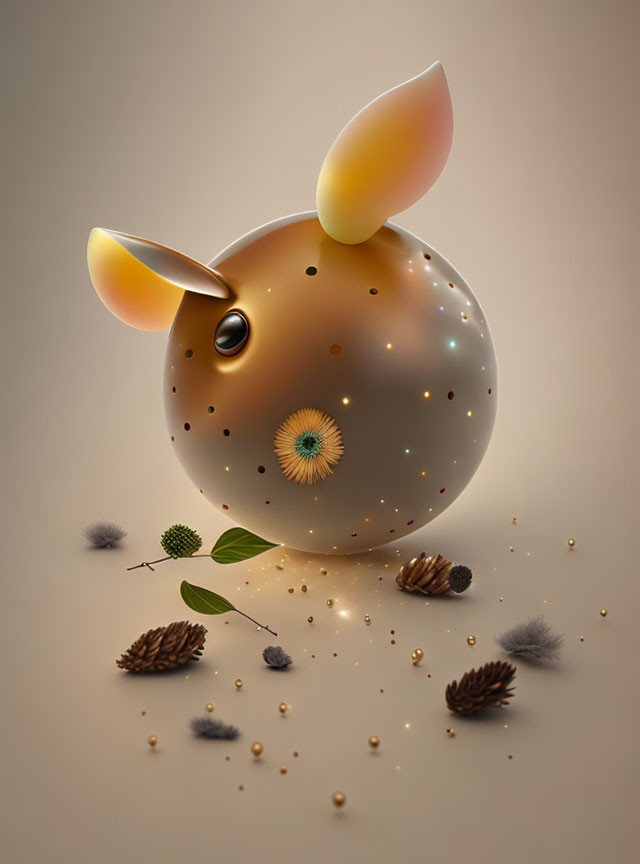 Illustration of spherical brown creature with glowing ears in nature