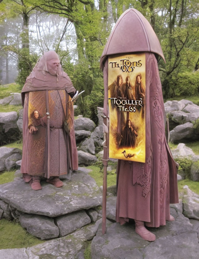 Two monks in brown robes near signpost in misty stone landscape