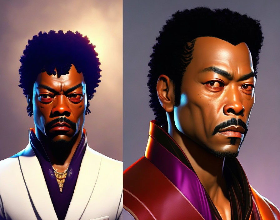 Stylized portraits of a man with goatee and afro hair in white and red suits