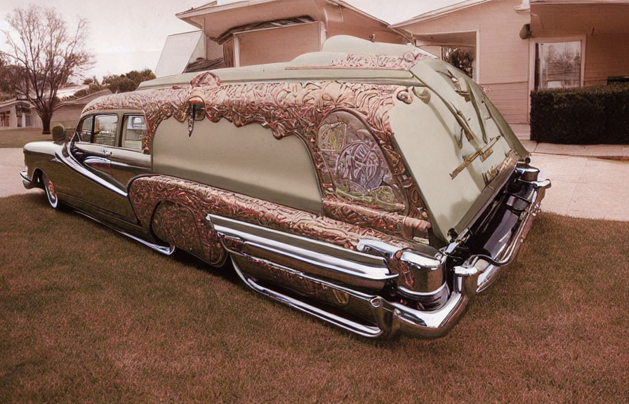 Customized Vintage Hearse with Tattoo-Style Painted Designs on Green Body