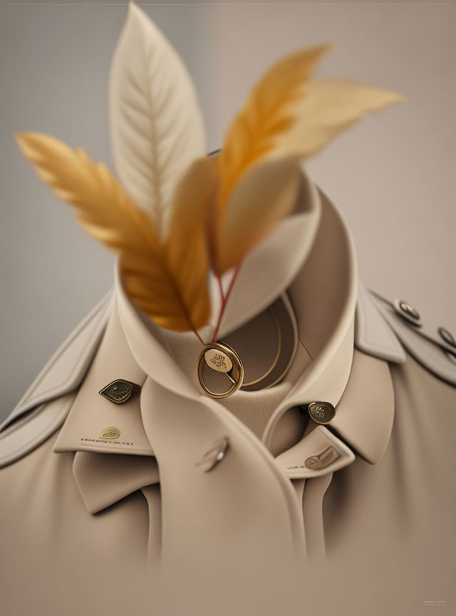 Beige trench coat with golden leaves and buttons on gray background