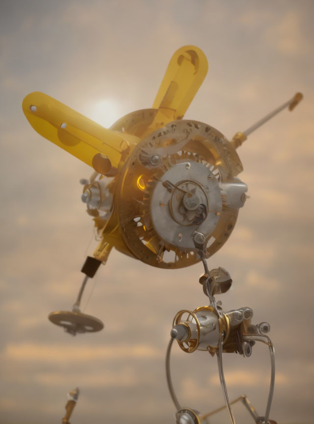 Mechanical contraption with gears and propellers under cloudy sunset sky