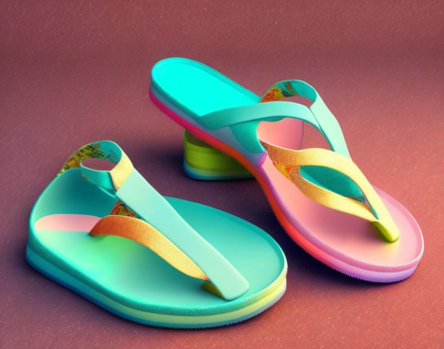 Colorful Flip-Flops with Green, Blue, and Orange Straps on Pink Background