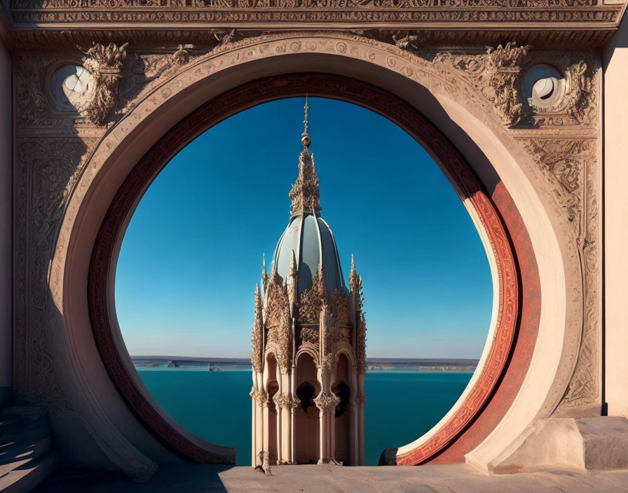 Ornate spire framed by stone archway and blue sky