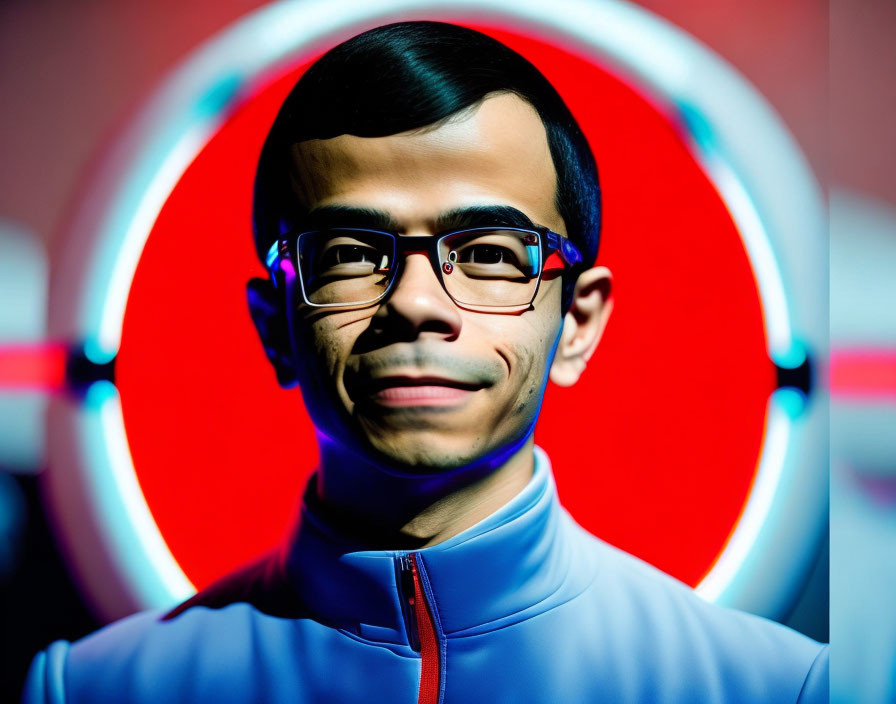 Man in Glasses Poses in Blue High-Collar Jacket under Red Circular Light