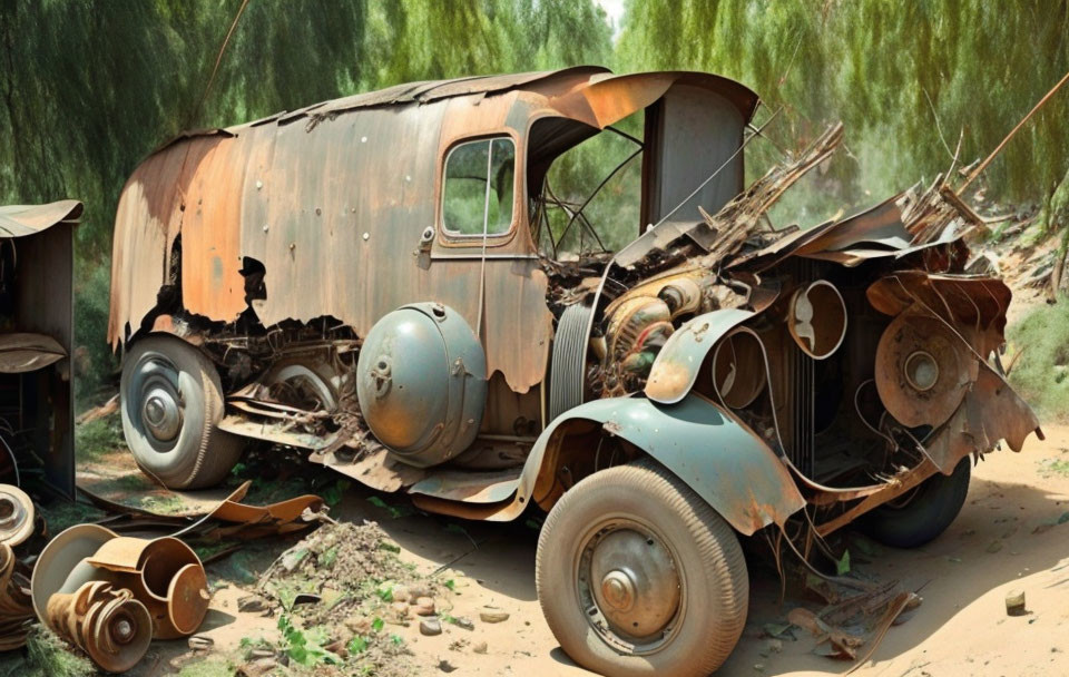 Abandoned rusted car with missing windshield in wooded area