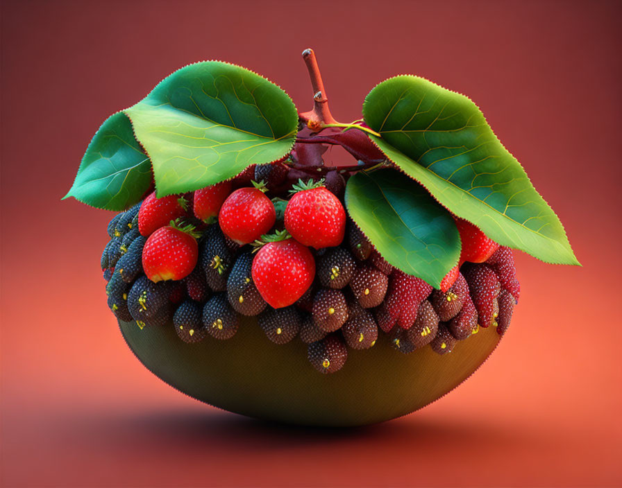 Conceptual artwork: Apple with strawberries and leaves on red background