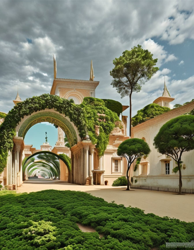 Tranquil courtyard with ornate arches and lush greenery