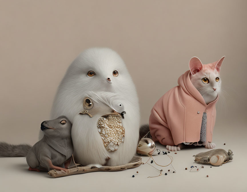 Surreal image: white creature, dog-like figure, pink-jacketed cat, spilled beans