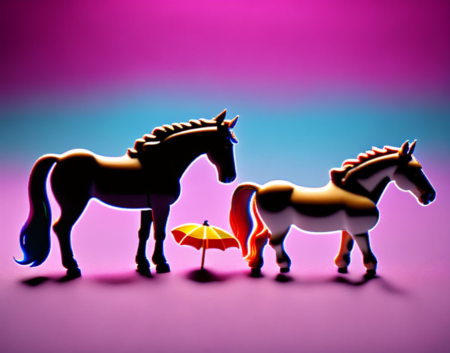 Toy horses with tiny umbrella on pink & purple gradient.