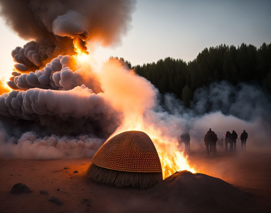 Traditional charcoal pile burning at twilight with people and flames against forest backdrop