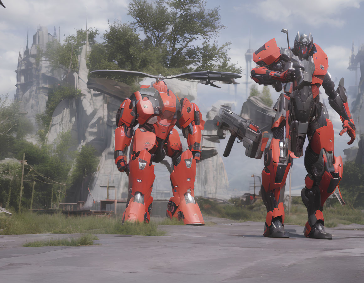 Red and black armored humanoid robots on concrete platform with futuristic vehicle and castle-like structures.