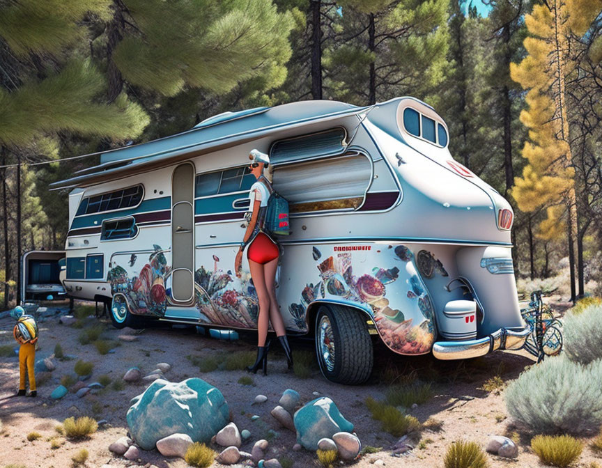 Woman standing next to retro-futuristic RV, blue car, and bicycle in forest setting