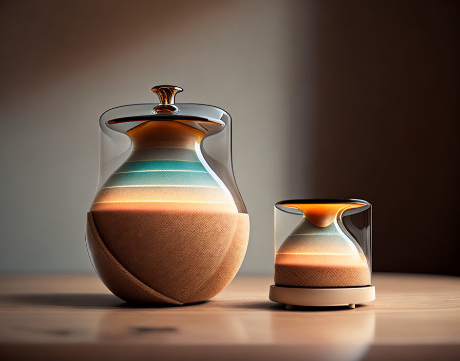 Colorful Sand Layers Glass Carafe and Cup on Wooden Table