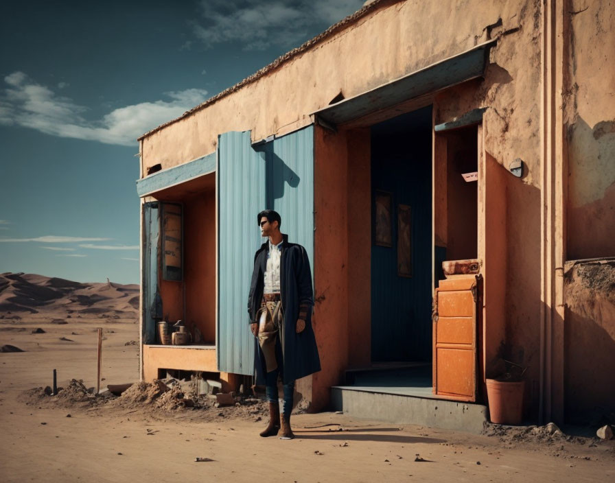 Person by orange and blue desert house under clear sky with sand dunes.