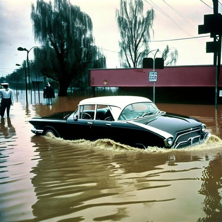 Vintage black car in floodwaters with bystanders, trees, and road signs.