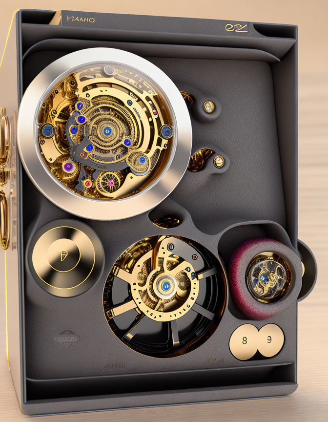 Luxurious Black and Gold Box with Exposed Gears and Jewels