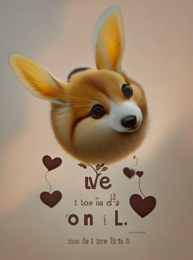 Whimsical corgi-rabbit creature with floating hearts and playful text