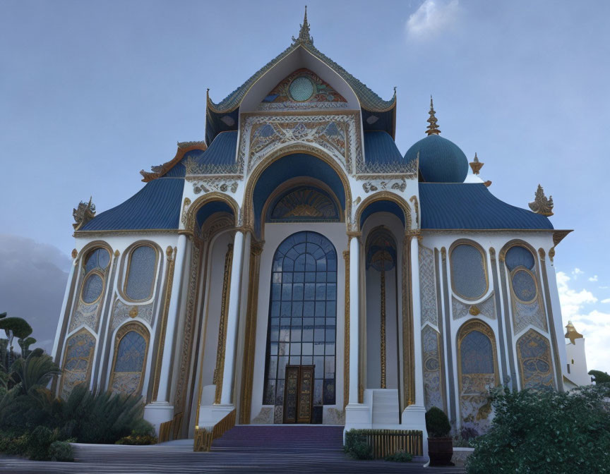 Ornate building with blue domes and golden trim against cloudy sky