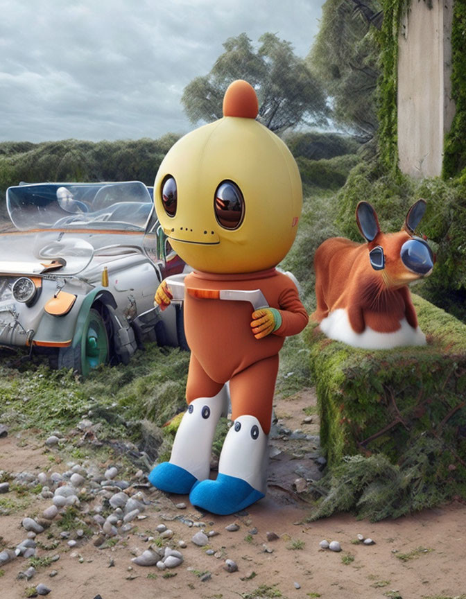 Futuristic scene with stylized character, sleek car, and large-eyed creature on mossy terrain