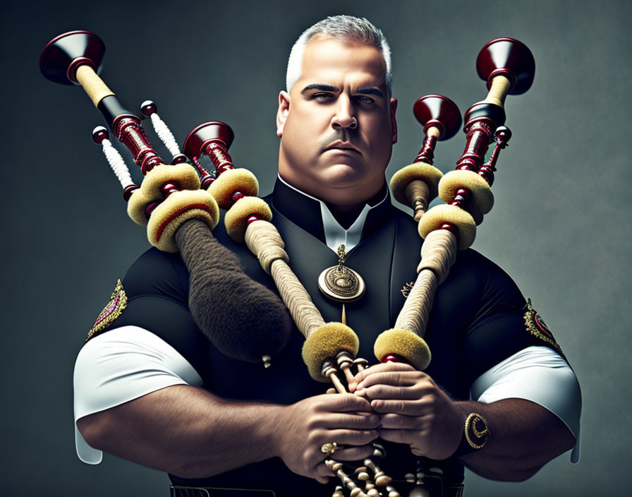 Uniformed man with multiple bagpipes in stylized pose.