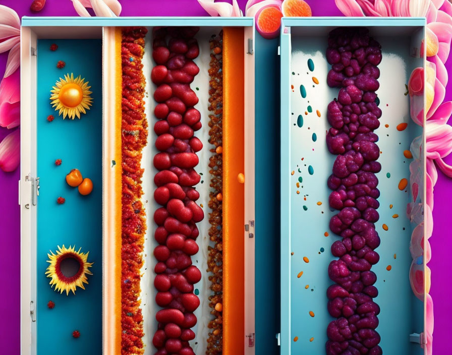 Colorful Drawers with Candies and Flowers Displayed in Whimsical Arrangement