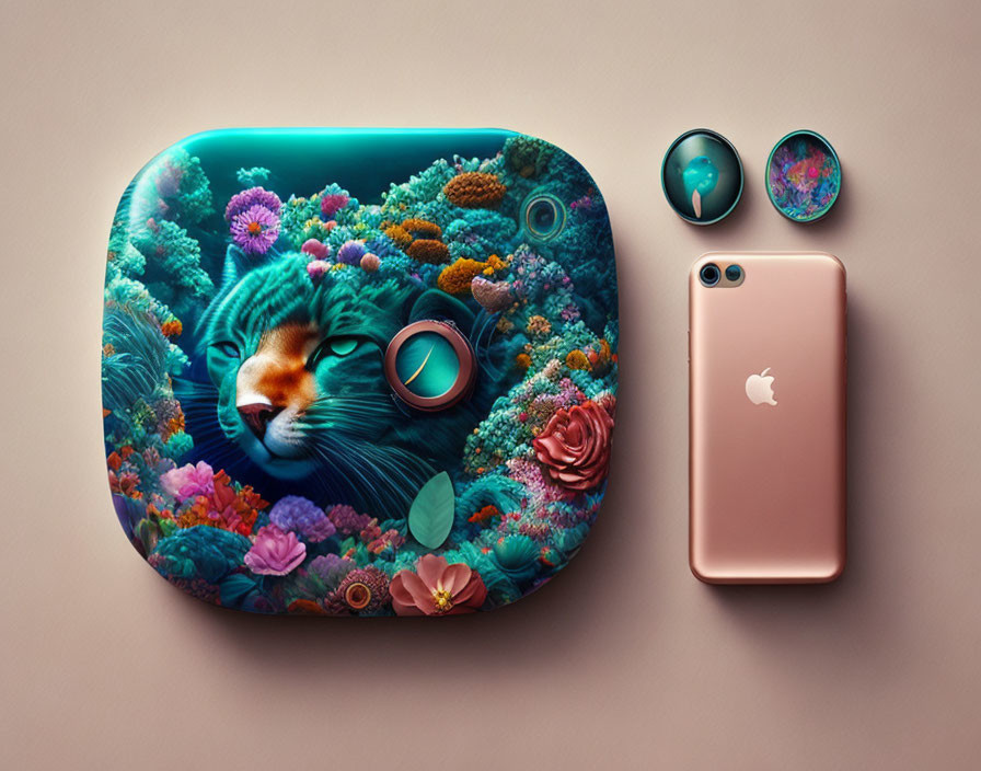 Surreal image of underwater scene with cat face, earbuds, and pink smartphone