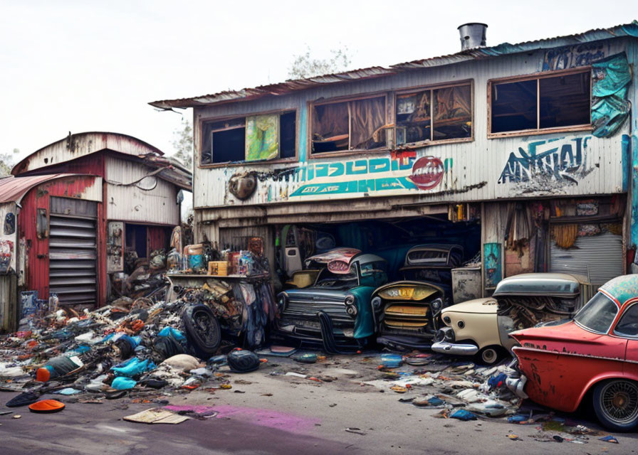 Abandoned building with vintage cars and garbage pile-up