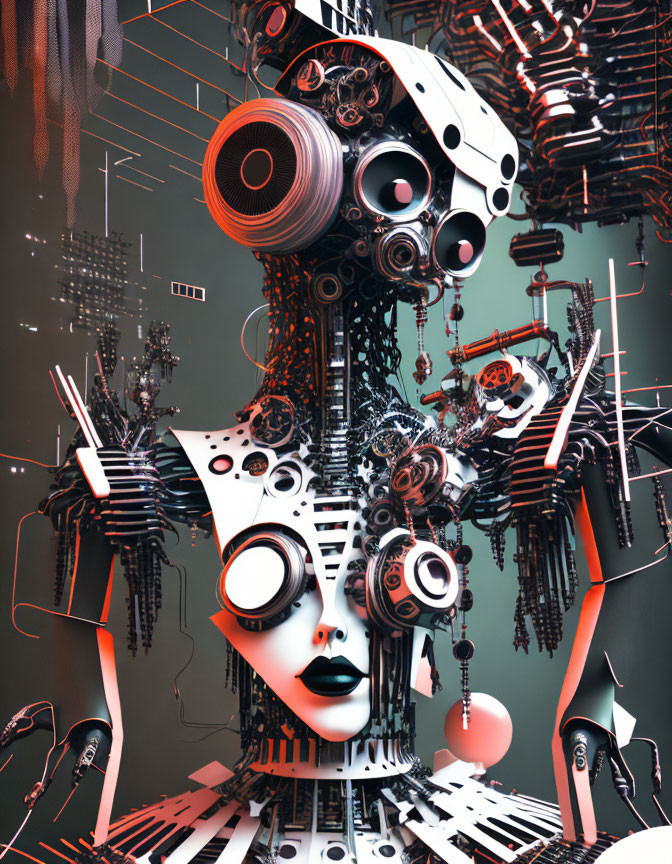 Futuristic surreal image of humanoid face with machinery features