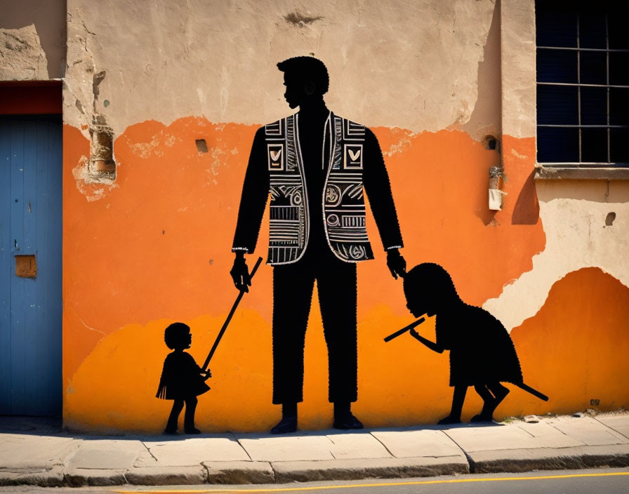 Silhouette mural of person with child and toy on vibrant orange wall