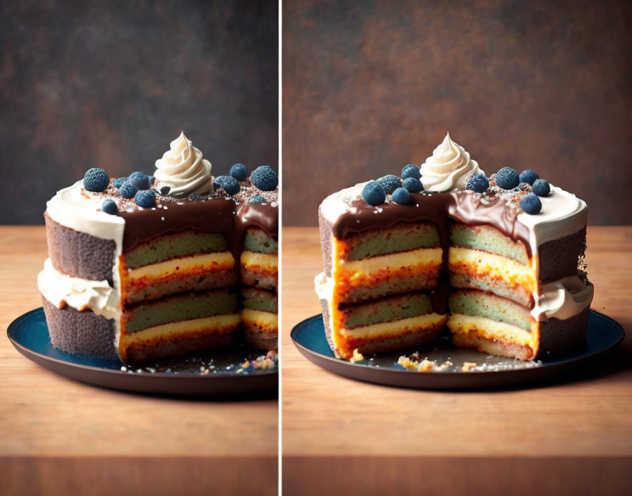 Layered Cake with White Frosting and Blueberries on Blue Plate