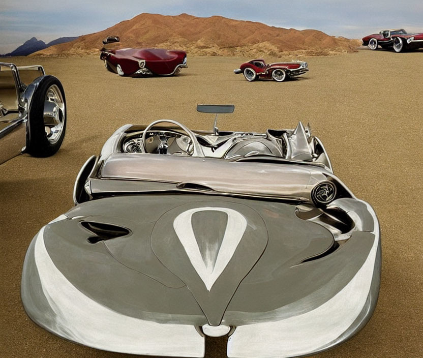 Vintage Cars in Unique Designs on Desert Landscape with Mountainous Backdrop