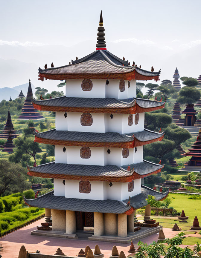 Traditional pagoda architecture in serene landscape.