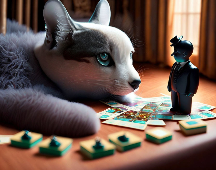 Blue-eyed cat and figure in suit surrounded by board game pieces and cards