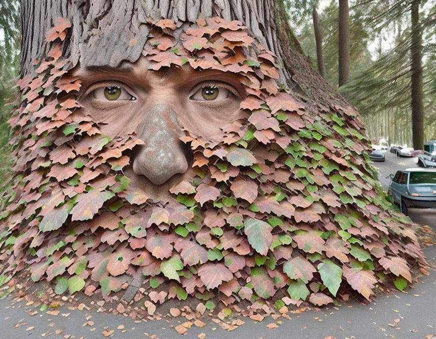 Face camouflaged with leaves matching tree bark texture.