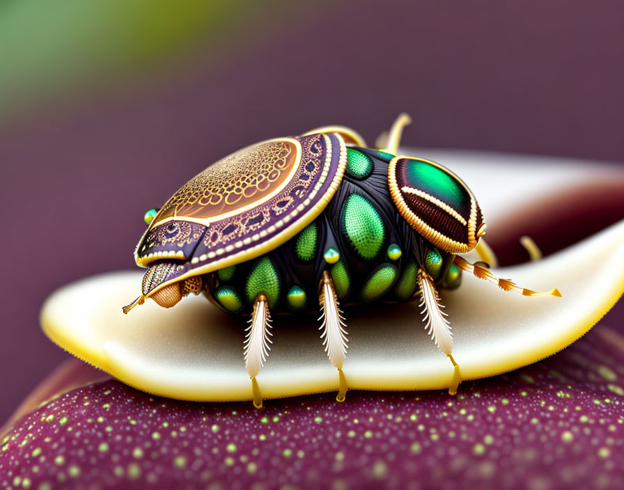 Vividly colored ornate beetle on curved surface