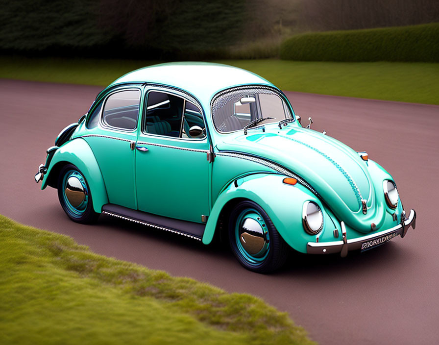 Vintage turquoise Volkswagen Beetle on green lawn