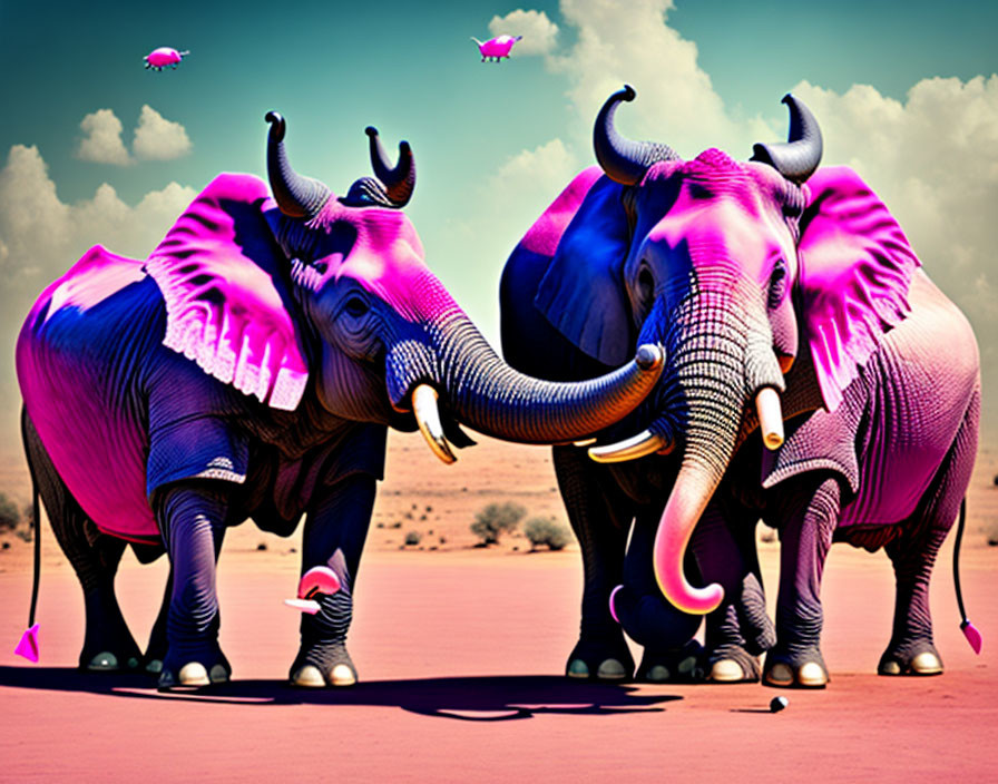 Stylized purple elephants with pink tusks on sandy terrain under blue sky