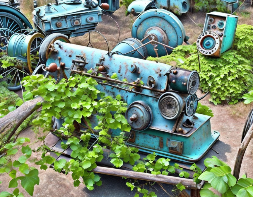 Abandoned outdoor scene with rusty machinery and overgrown foliage