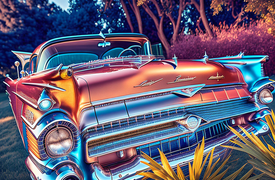 Classic Vintage Car with Chrome Details and Vibrant Colors in Scenic Dusk Setting