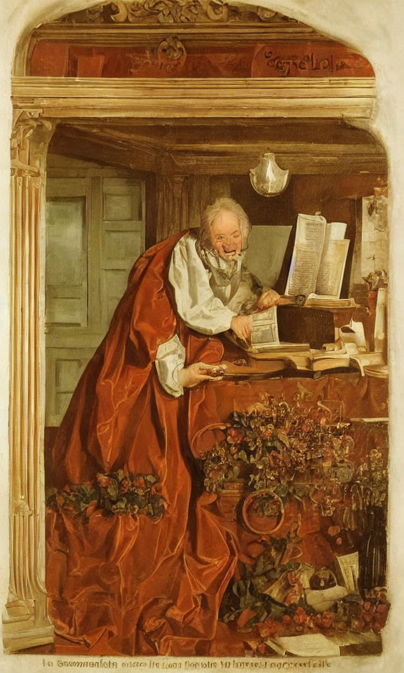 Elderly scholar in red robe writing at desk with floral arrangements and inscriptions.