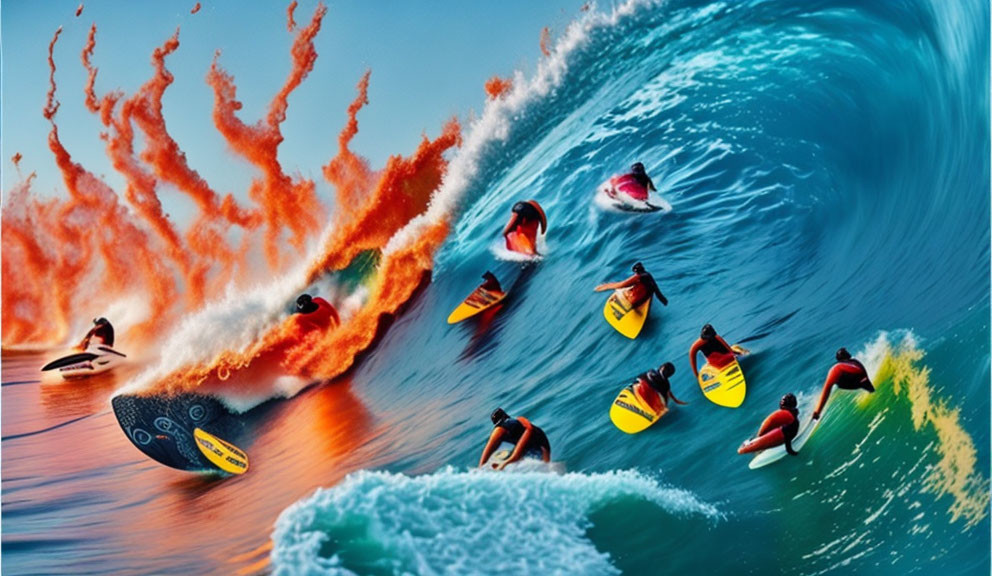 Surfers Riding Large Wave with Fiery Crest