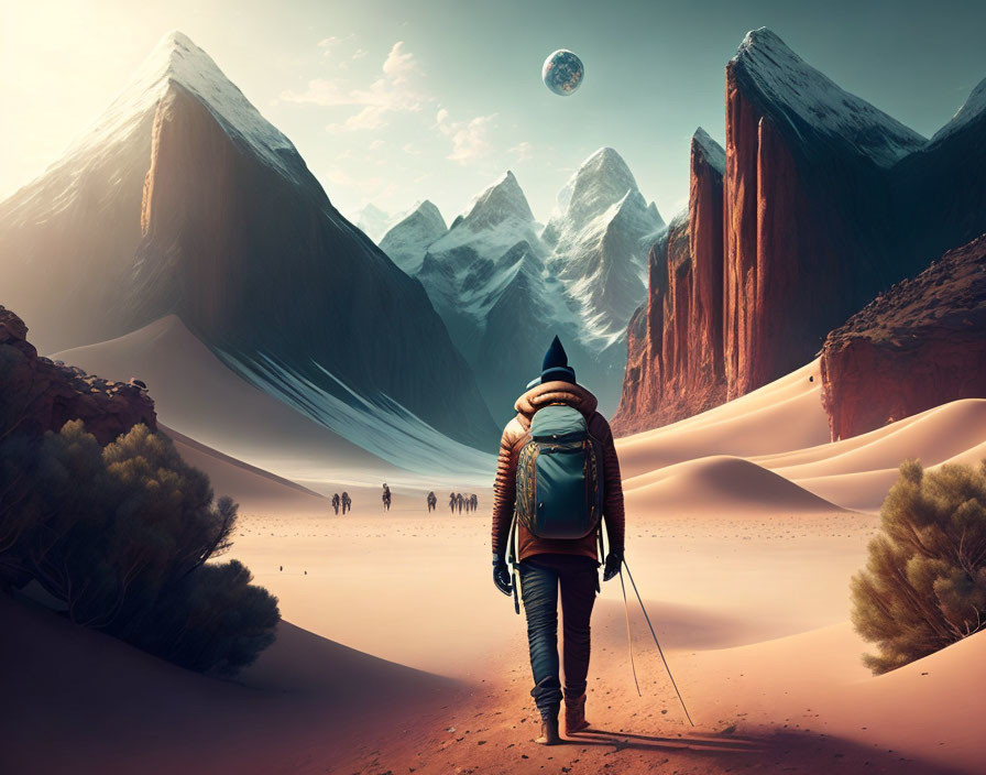 Backpacker in surreal desert landscape with rocky peaks and distant figures