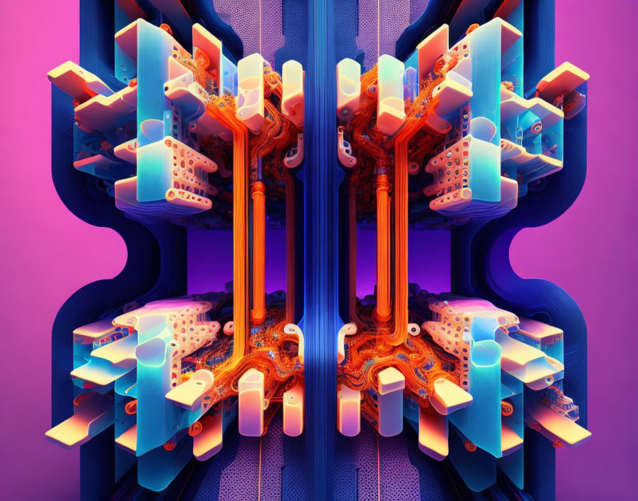 Symmetrical Abstract Digital Artwork with Vivid Blues and Oranges