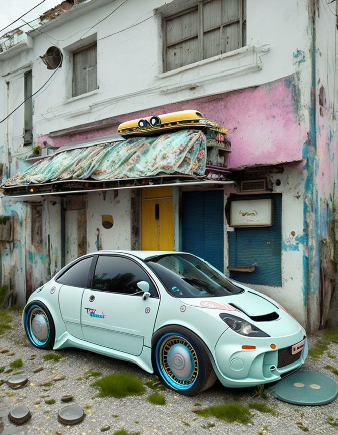 Modified compact car with surfboard parked in front of weathered building