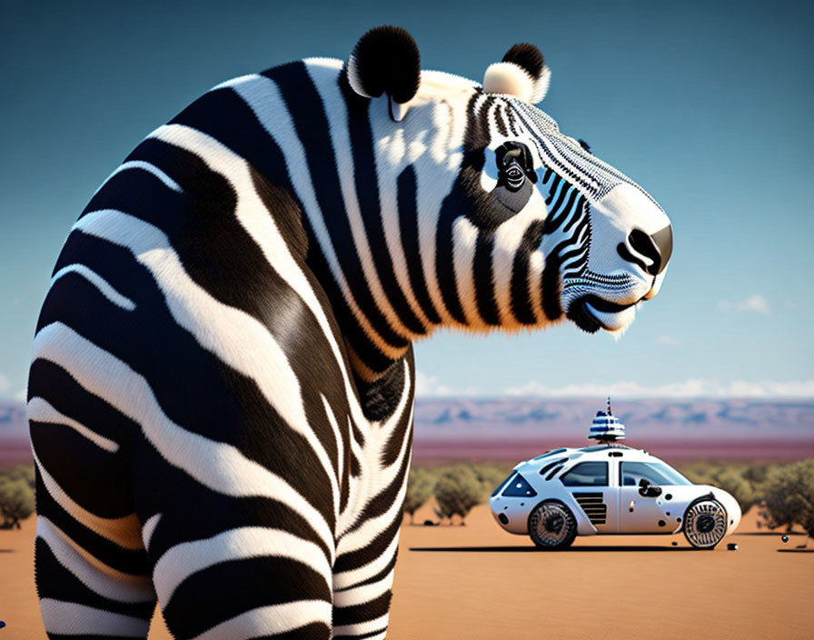 Digitally created desert scene with zebra in police car pattern and siren, alongside zebra-striped