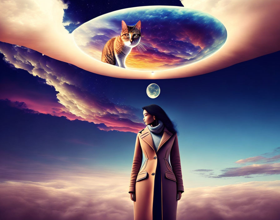 Woman in coat gazes at giant cat in reflective bubble against twilight sky