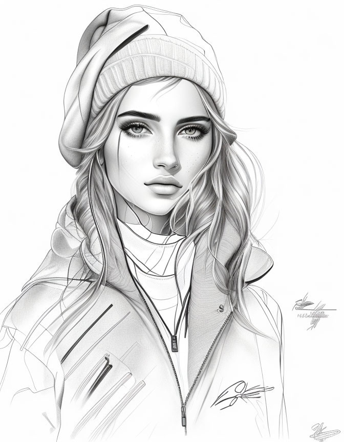 Detailed Monochrome Sketch of Young Woman in Beanie & Stylish Jacket