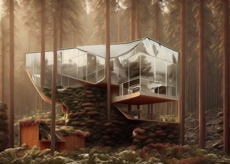 Geometric glass house in foggy forest with greenery on raised supports