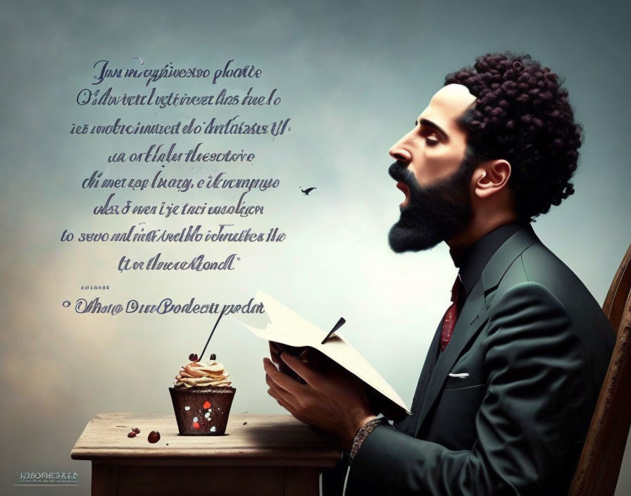 Illustration of man with afro and beard writing, with cupcake and coffee.